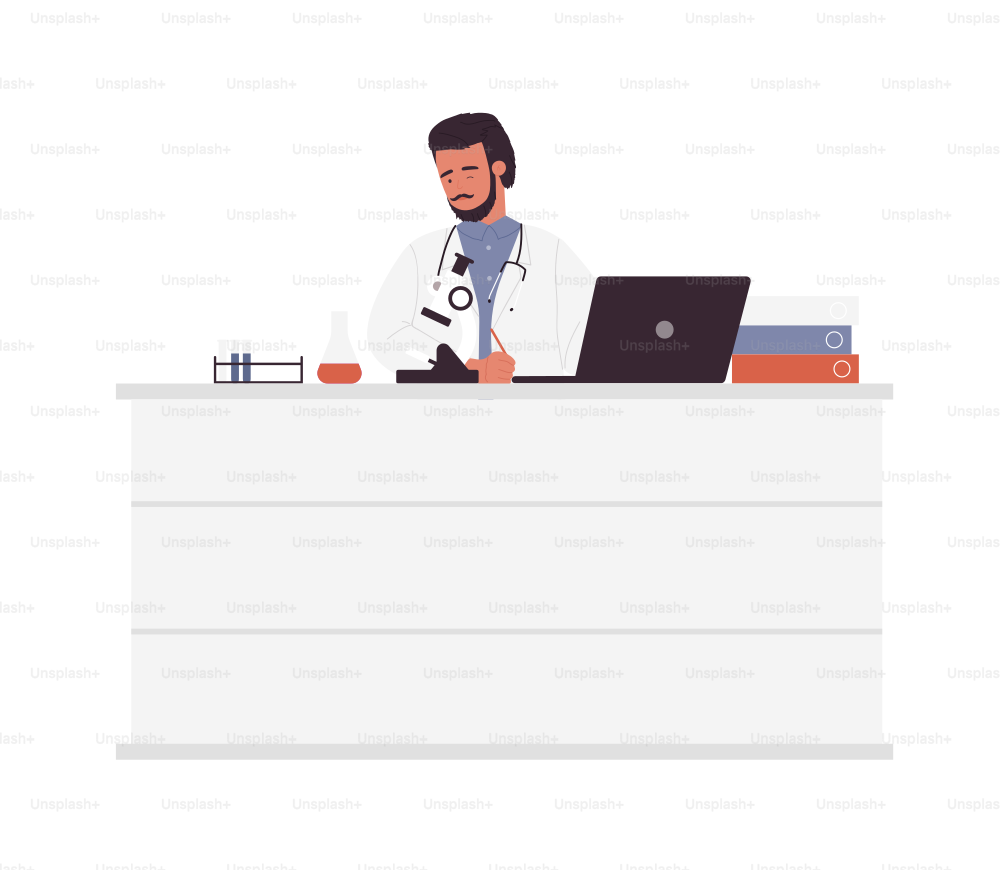 Doctor man sitting at workstation. Hospital worker in office, clinical care and help vector illustration