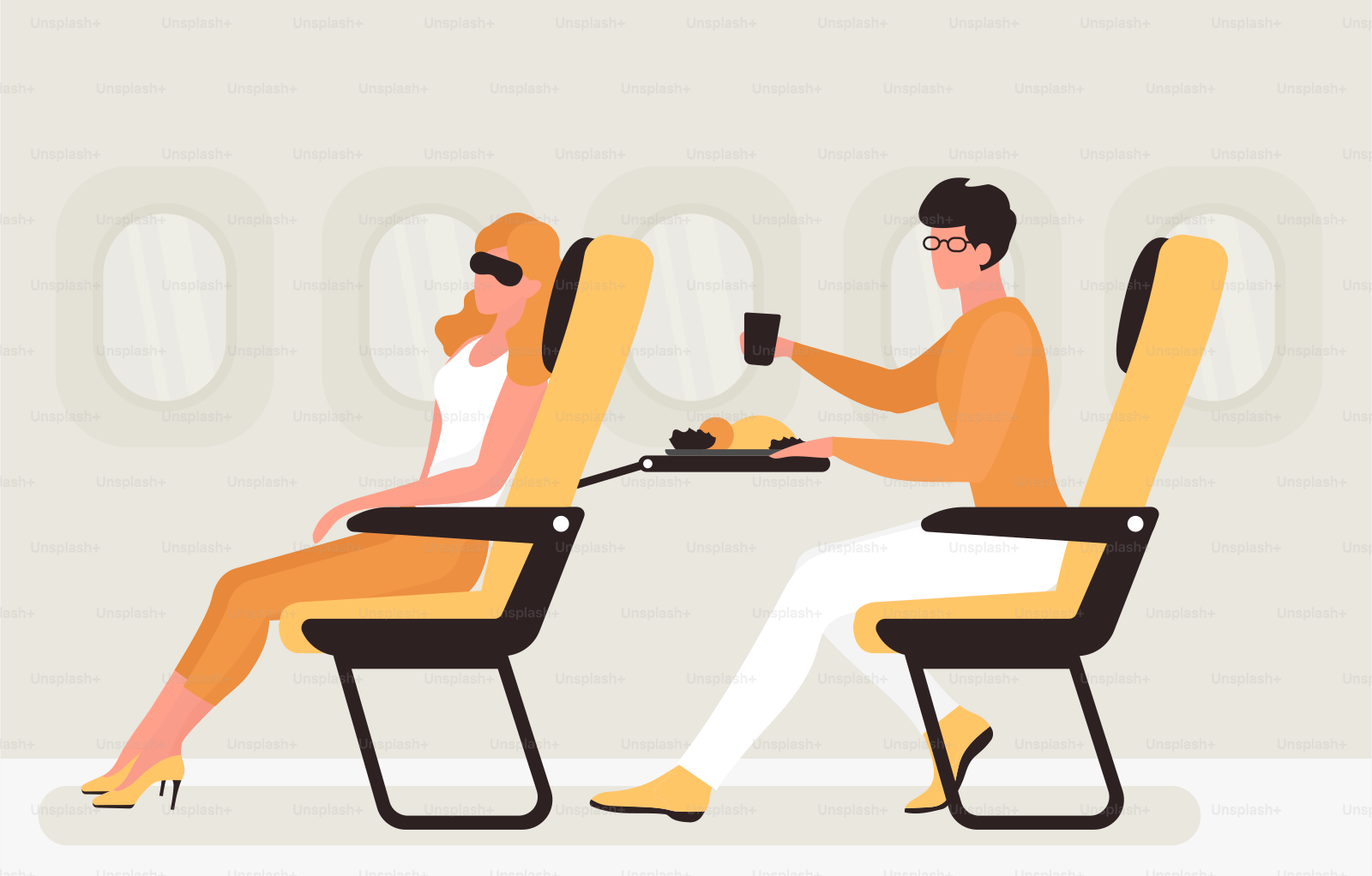Les passagers sont assis sur des sièges près de la fenêtre à l’intérieur de l’avion. Les personnes de dessins animés voyagent en avion, la femme assise avec un masque de sommeil sur le visage, l’homme mangeant repas plat illustration vectorielle. Concept de transport aérien