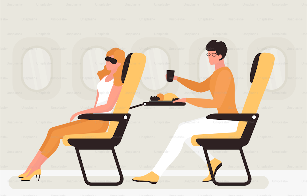 I passeggeri siedono su sedili vicino al finestrino all'interno dell'aereo. Le persone dei cartoni animati viaggiano in aereo, la donna seduta con la maschera del sonno sul viso, l'uomo che mangia l'illustrazione vettoriale piatta del pasto. Concetto di trasporto aereo