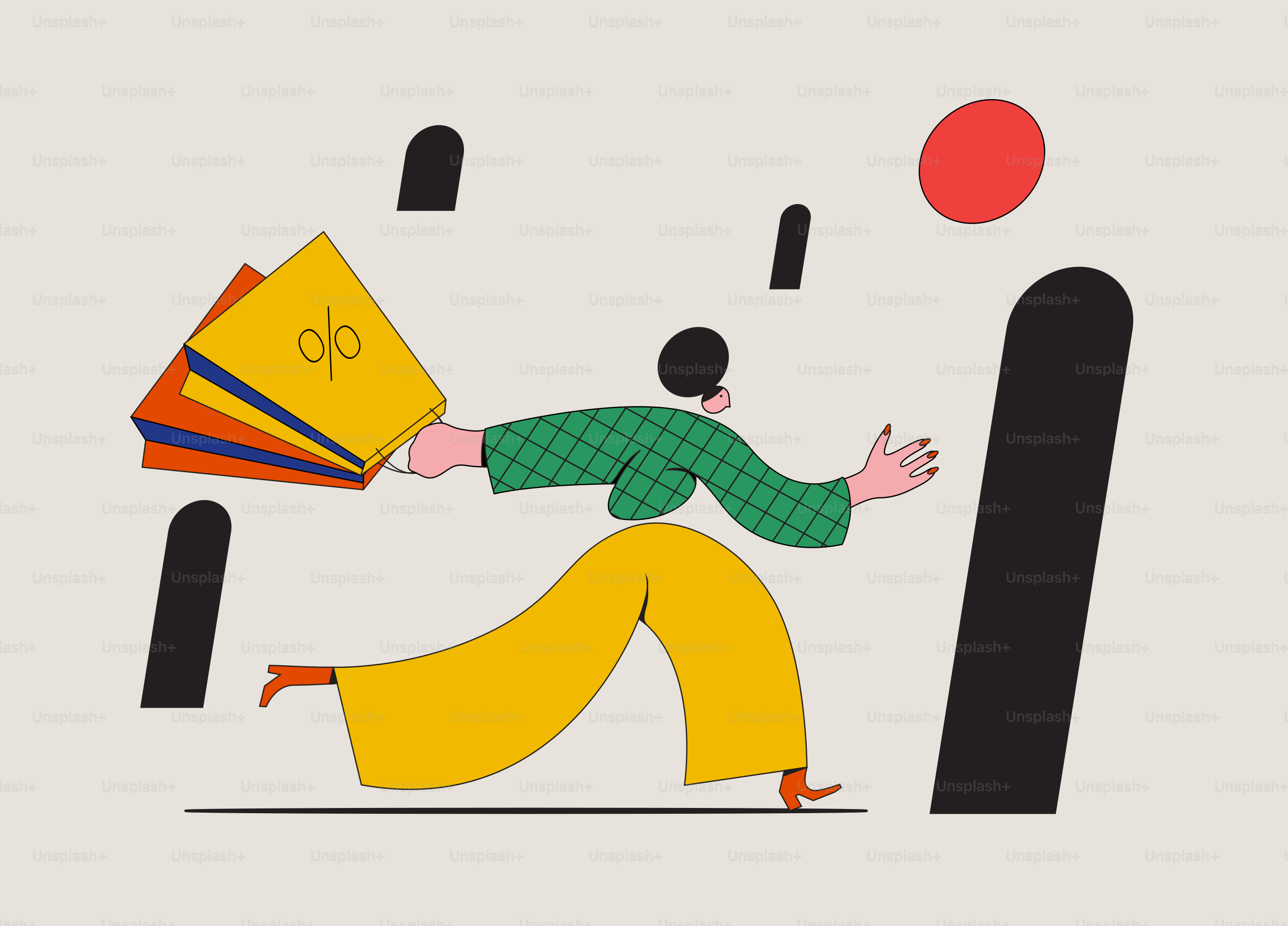 Funny cartoon shopping woman running from shop to shop with shopping bags isolated on white background. Vector eps 10 illustration