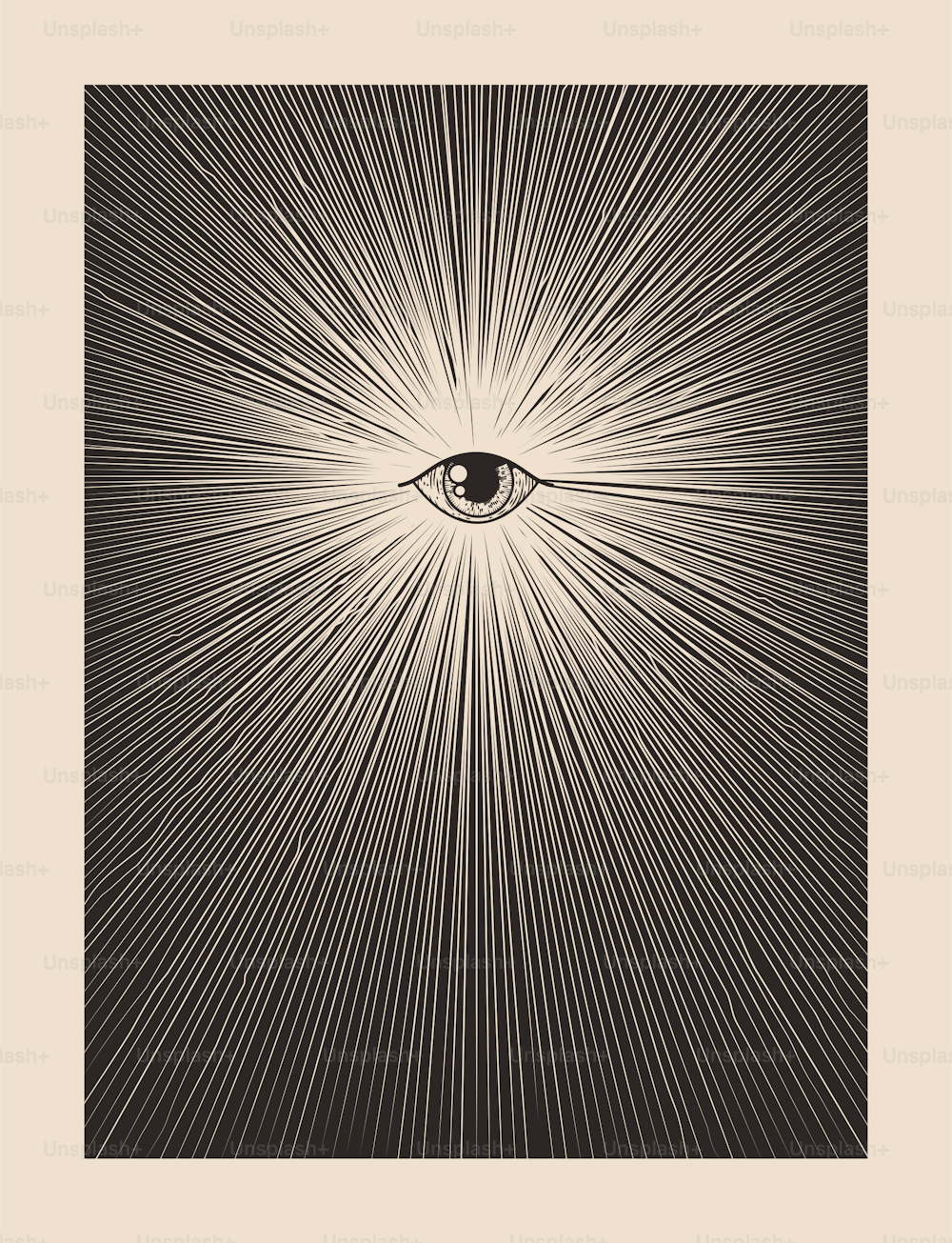 Todos los ojos de dios que ven la plantilla de diseño de póster de impresión de albañil místico vintage con el ojo rodeado de rayos de sol. Vector eps 10 ilustración