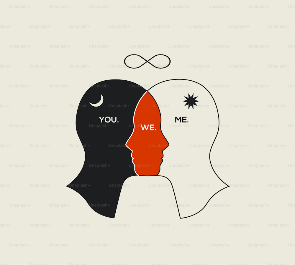 Relationships psychology concept abstract illustration with couple human heads silhouettes isolated on white background. Vector eps 10 illustration