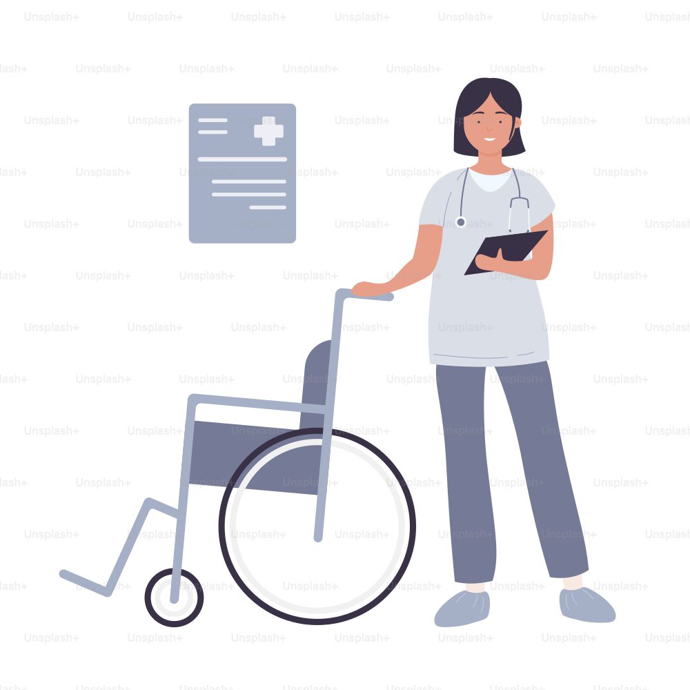 Hospital medical smiling nurse with wheelchair. Clinical help and healthcare assistance cartoon vector illustration