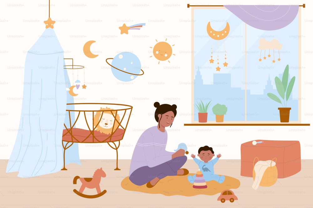 Happy mother and baby kid play fun game together in home nursery. Young woman and boy sitting on floor near cute cradle, playing with toys vector illustration. Childcare, motherhood, family concept