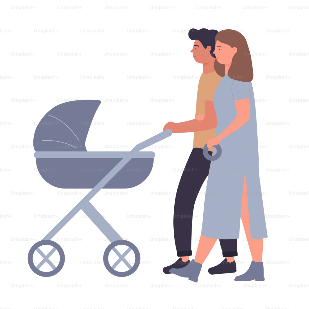 Young couple parents walking with baby carriage. Happy family spending outdoor time with newborn toddler cartoon vector illustration