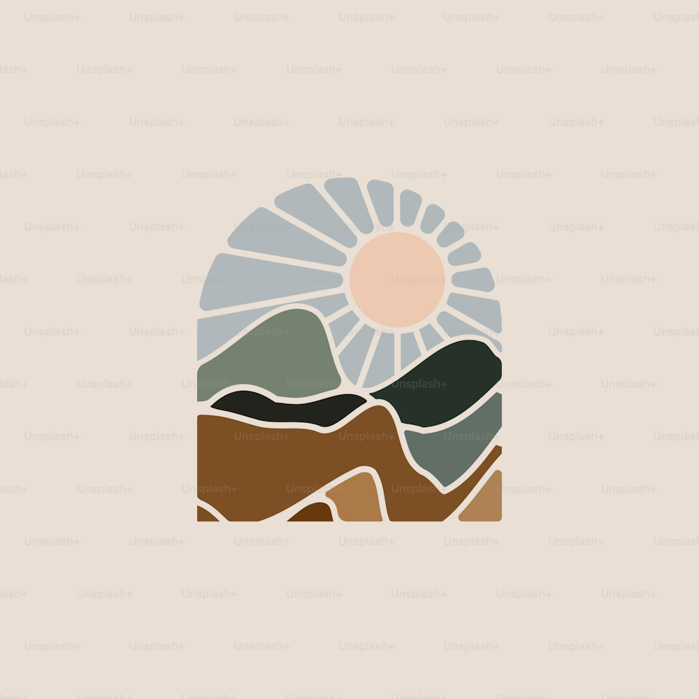 Minimalistische Berglandschaft mit Sonnenuntergangsabzeichen oder Logo oder Aufkleber-Designvorlage in Pastell-Erdfarben. Vektor eps 10 Illustration