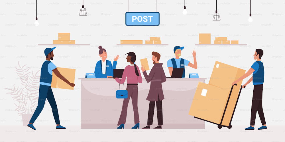 Distribution of parcels from warehouse and letters in post office Cartoon postal workers in uniform carry boxes, people send or receive packages flat vector illustration. Delivery, ecommerce concept
