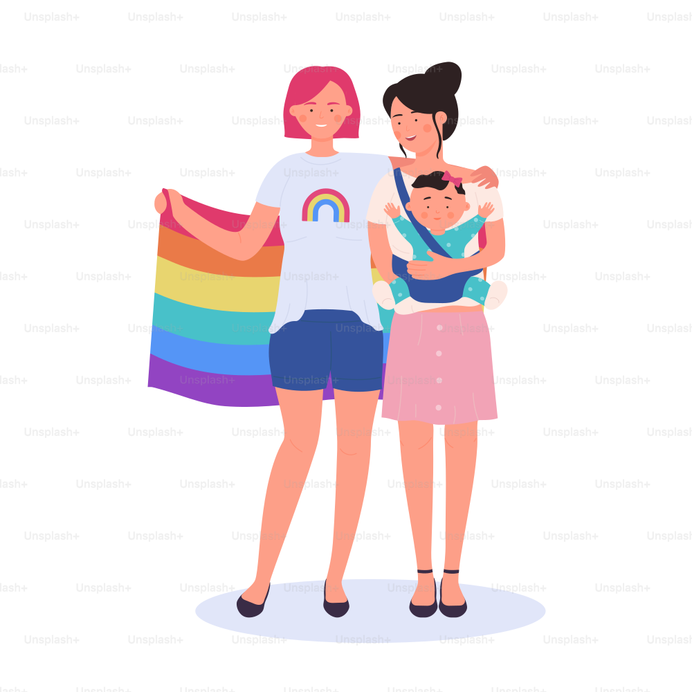 Smiling lesbian couple with adopted child. Gender and sexual equality lgbt rights cartoon vector illustration