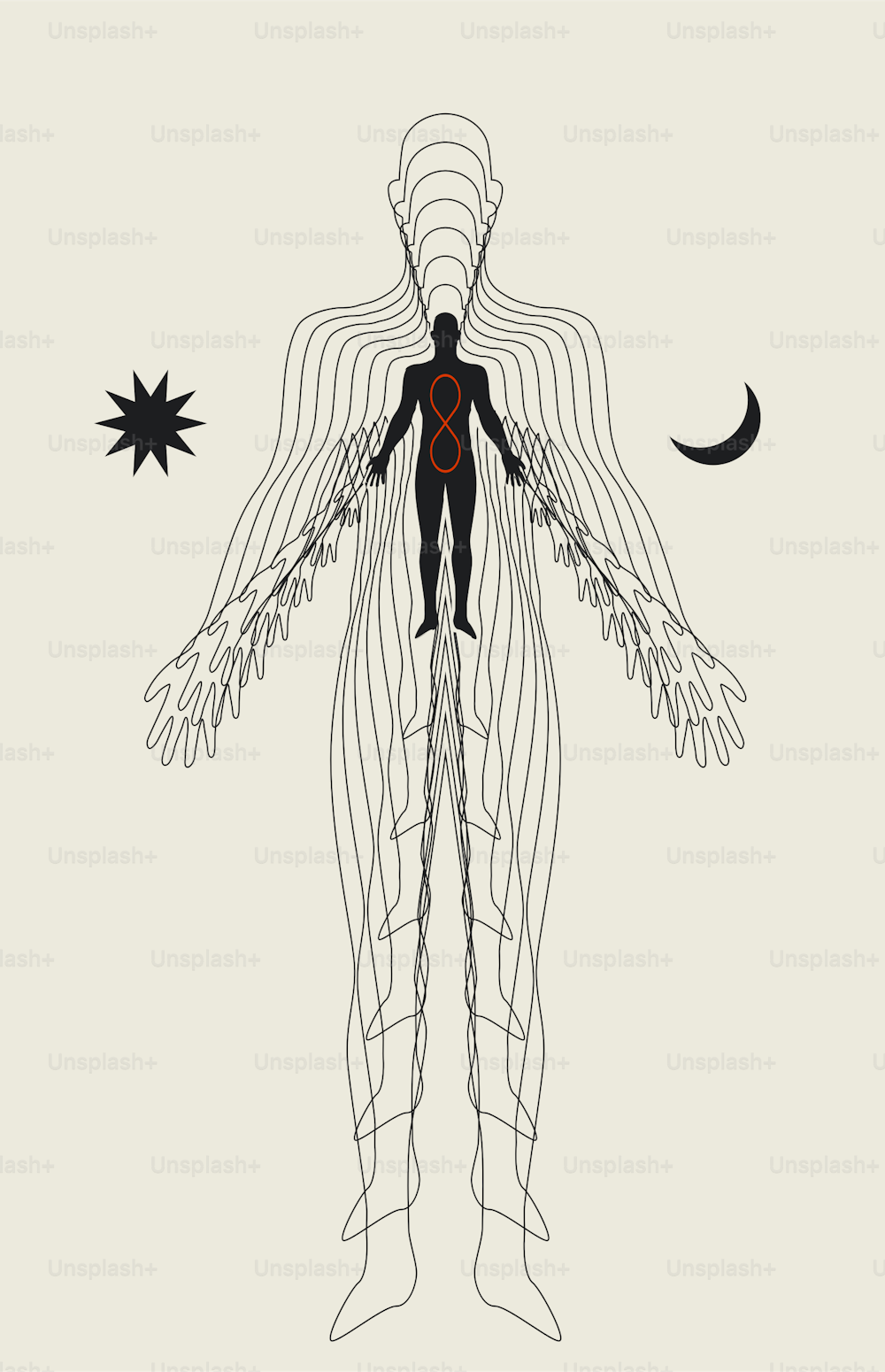 Conceptual esoteric illustration of the human body and soul. Deep meditation or rebirth concept. Vector eps 10 illustration