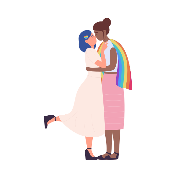 Hugging happy lesbian couple with rainbow flag. Lgbt rights and human tolerance cartoon vector illustration