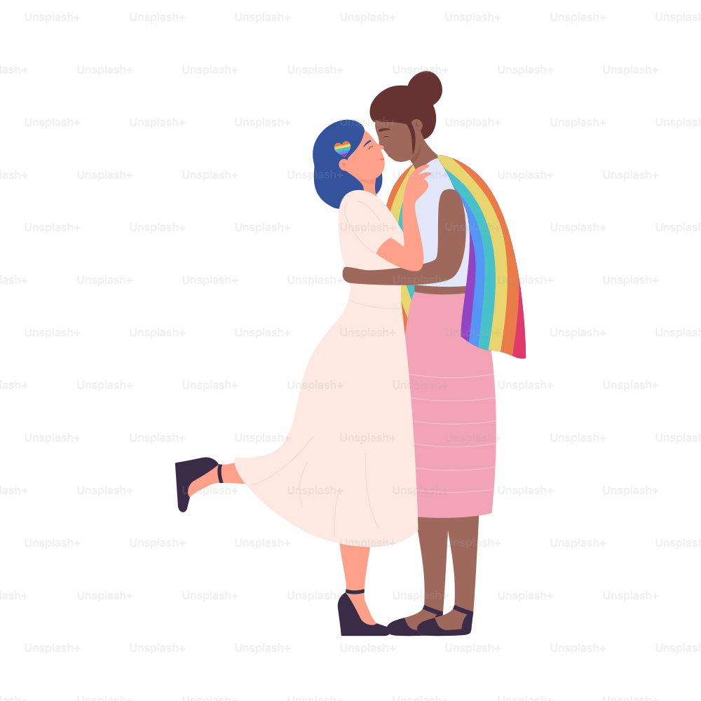 Hugging happy lesbian couple with rainbow flag. Lgbt rights and human tolerance cartoon vector illustration
