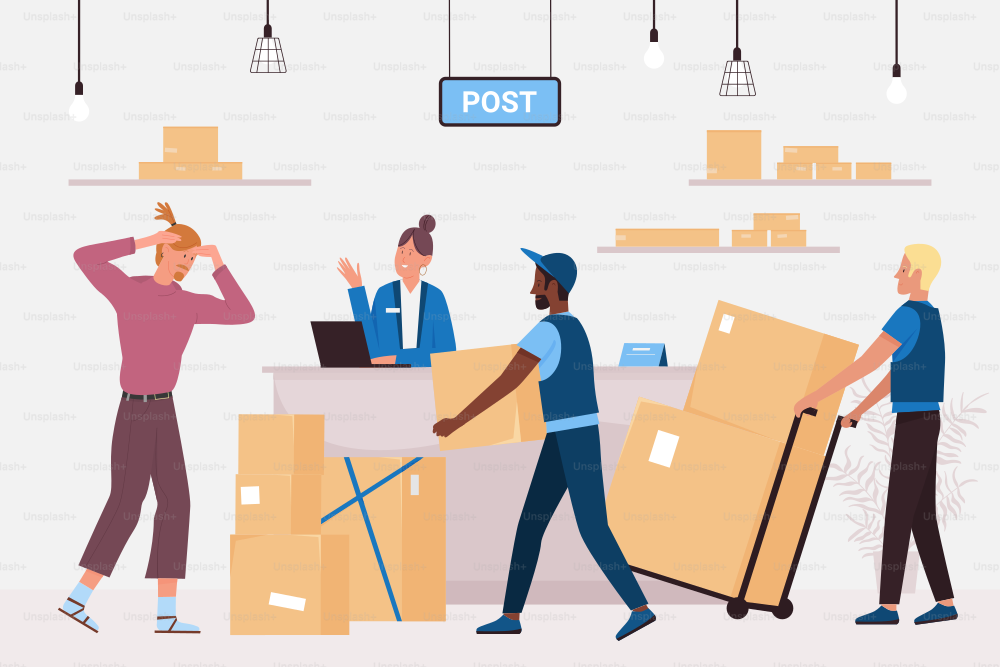 Customer receiving parcels at counter of post office. Cartoon postal workers carry freight boxes with goods on handcart, clerk standing at reception desk flat vector illustration. Delivery concept