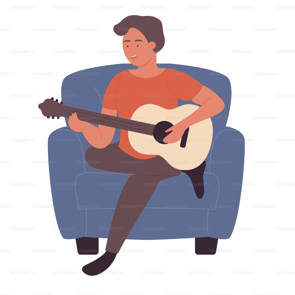 Cute boy playing guitar in cozy armchair furniture. Practising music and spending funny time cartoon vector illustration
