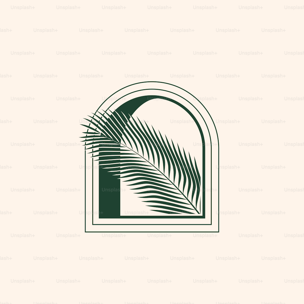 Folha de palmeira minimalista saindo do modelo de design de logotipo de silhueta de janela de arco para férias de verão exóticas ou indústria cosmética. Isolado no fundo branco. Ilustração do vetor eps 10