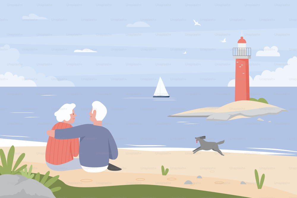 Feliz pareja de ancianos sentados en la playa del mar con faro y abrazos. Los jubilados en vacaciones románticas de verano, la mujer mayor y el hombre se relajan con la ilustración vectorial plana. Familia, viaje, concepto romántico