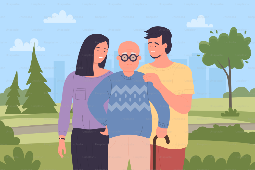 Hombre mayor con sus hijos. Feliz momento familiar, padre jubilado con ilustración vectorial de dibujos animados de cuidado infantil