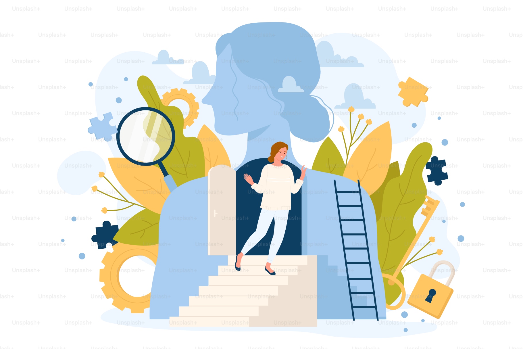 Libertà e salute mentale per lo sviluppo, il progresso nel lavoro e la comunicazione. Donna dei cartoni animati in piedi vicino a una porta aperta all'interno di una personalità astratta e piatta, illustrazione vettoriale. Psicologia, concetto di successo
