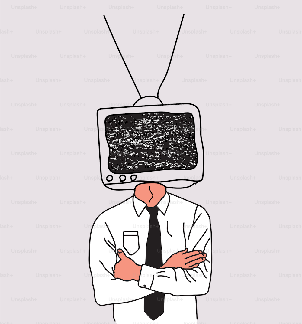 Ilustración conceptual de propaganda o video blogging con un hombre con un televisor en lugar de una cabeza aislada sobre un fondo claro. Vector eps 10 ilustración