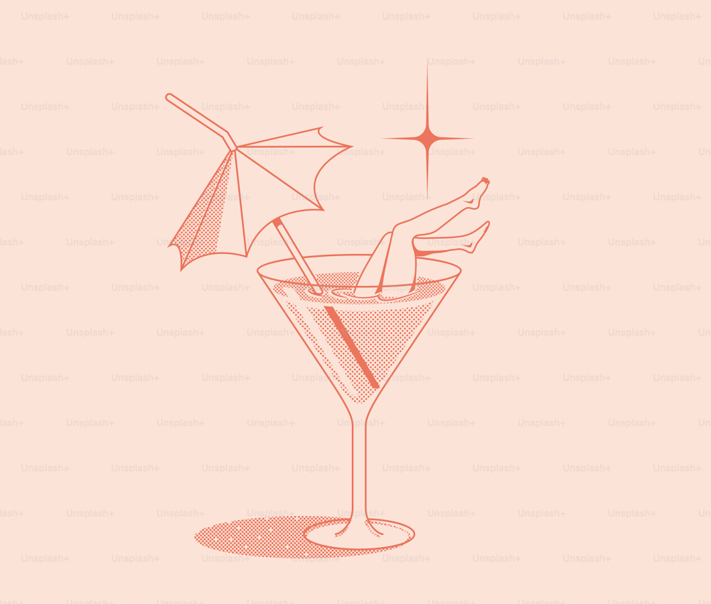 Summer vacation concept retro illustration with summer cocktail glass with umbrella and woman legs isolated on pink background. Vector eps 10 illustration