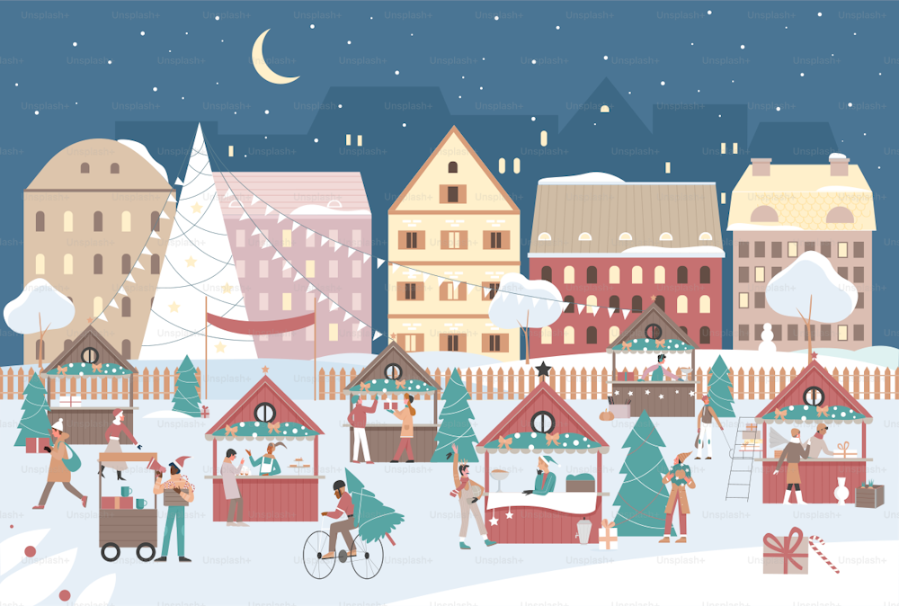 겨울 방학 저녁에 크리스마스 시장 장면. 크리스마스 축제나 박람회에서 쇼핑하는 만화 사람들, 마을 광장 배경에 있는 전통 나무. 메리 크리스마스 컨셉