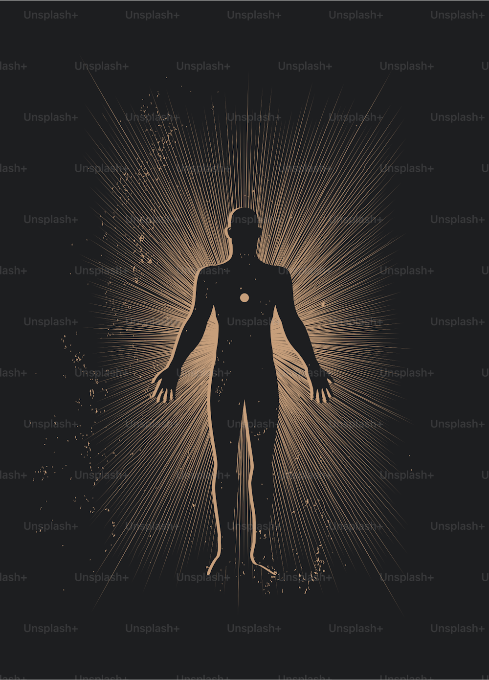 Silhueta espiritual do corpo humano cercada de raios solares no fundo preto. Transe ou meditação ou ilustração de conceito de corpo astral para design de arte de pôster ou parede. Ilustração do vetor eps 10