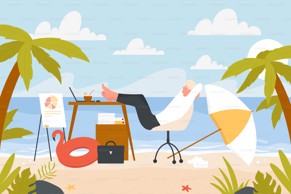 Ilustración vectorial de descanso en la playa satisfecho o gerente. Hombre de negocios de dibujos animados con los pies descalzos en el escritorio de la oficina con computadora portátil, cóctel, documentos de trabajo y presentación de gráficos comerciales, día en el paraíso de fondo