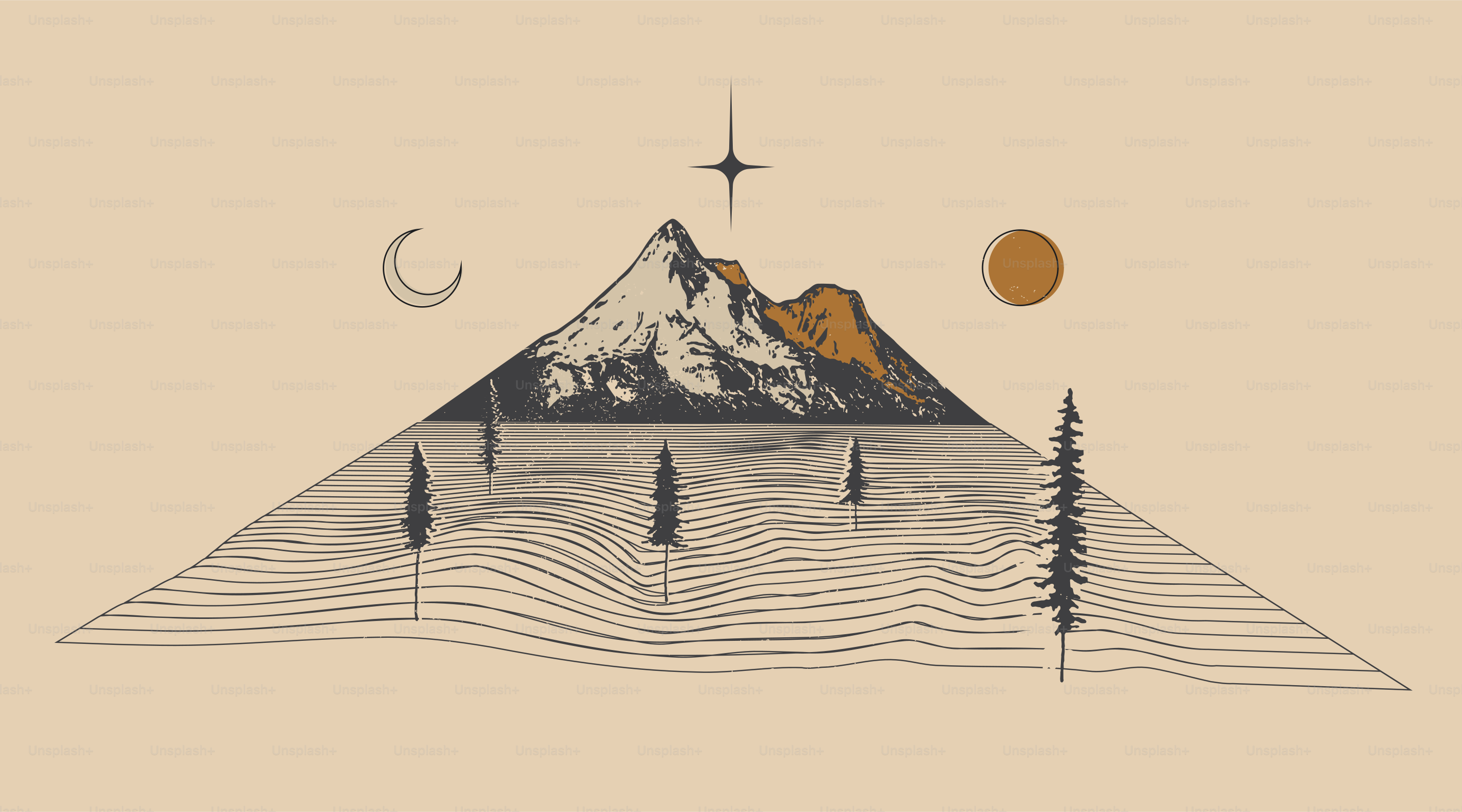 Vintage styled abstract mountain landscape scenery for t-shirt print or poster design isolated on light background. Vector eps 10 illustration