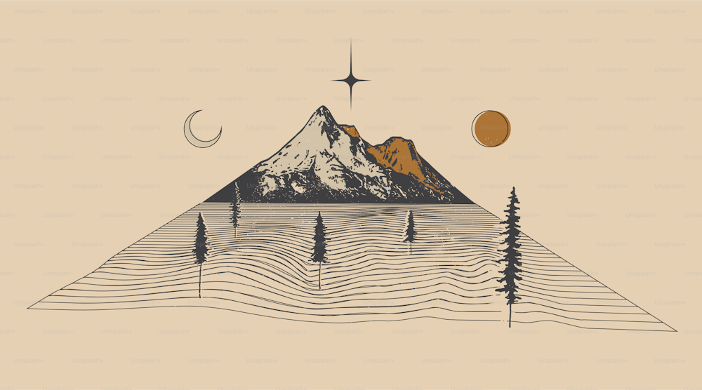 Abstrakte Berglandschaft im Vintage-Stil für T-Shirt-Druck oder Poster-Design isoliert auf hellem Hintergrund. Vektor eps 10 Illustration