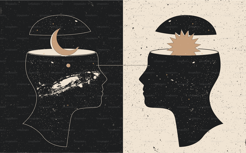 Tag-Nacht-Beziehungskonzept mit menschlichen Köpfen, Silhouetten mit Sonne und Mond und Doppelbelichtungseffekt. Vektor eps 10 Illustration im Vintage-Stil