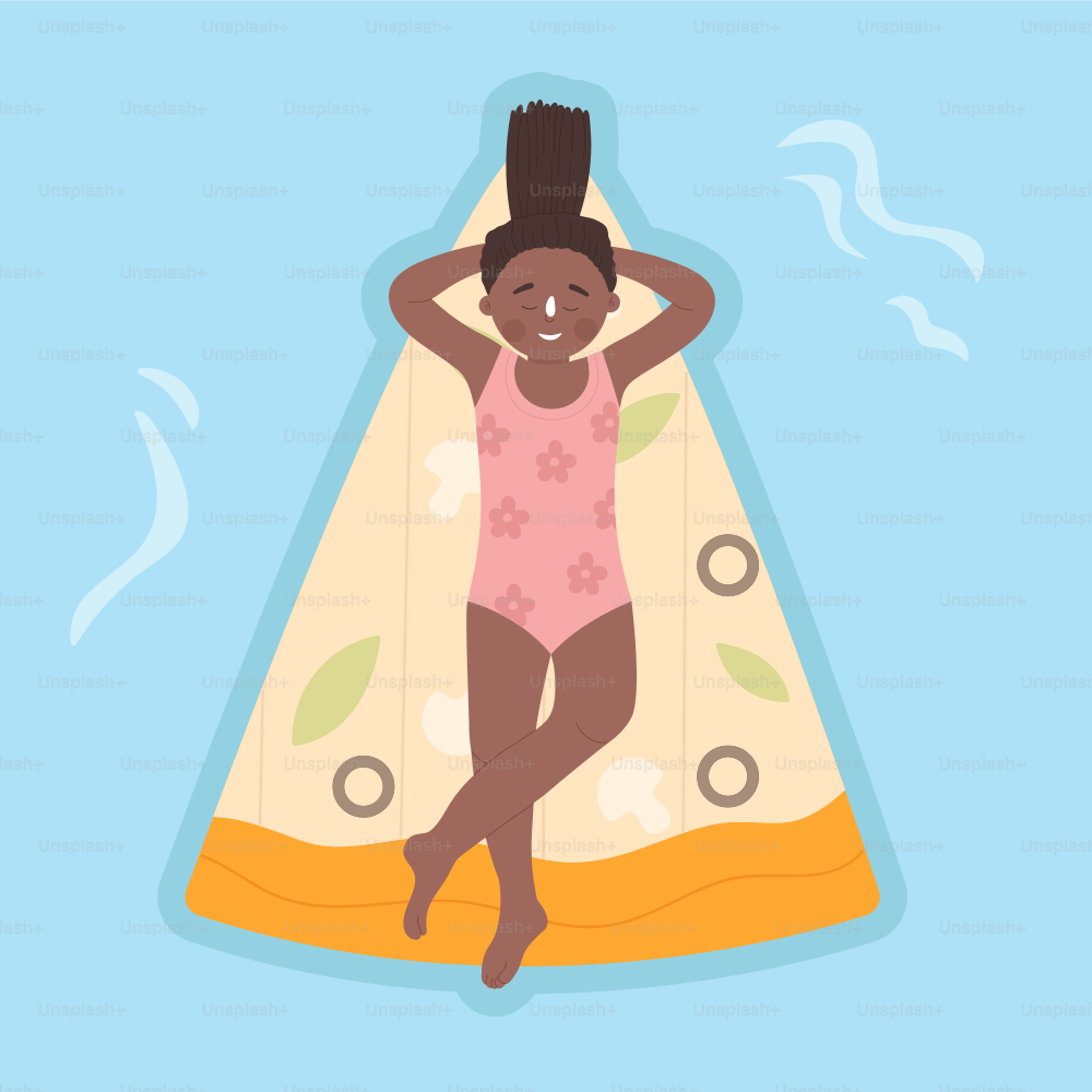 Chica relajada en traje de baño sobre colchón. Piscina de verano, ilustración vectorial de vacaciones de ocio