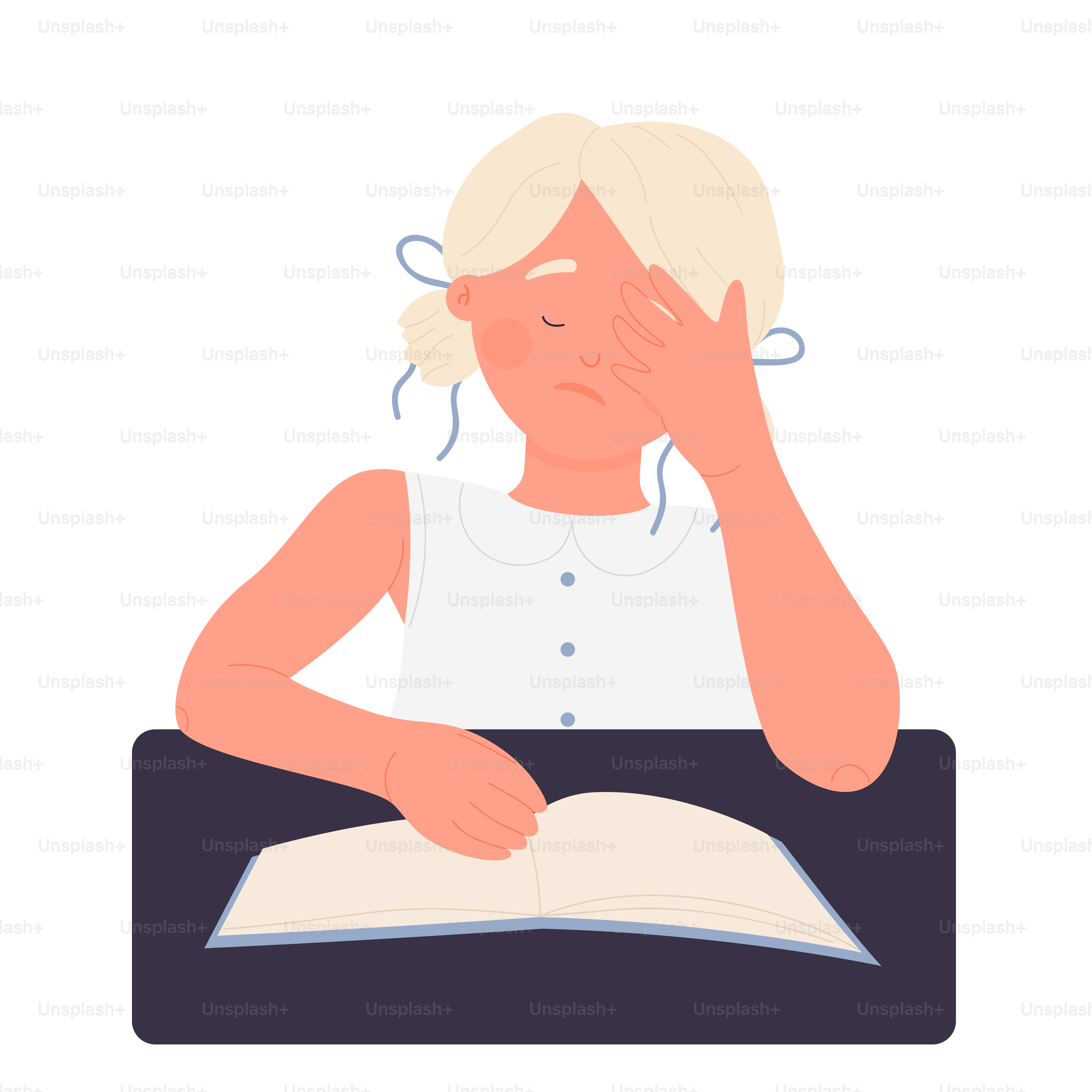 Tired little girl reading book. Primary school pupil learning vector illustration