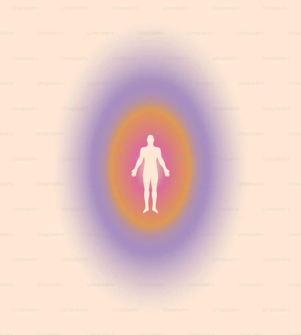 인간의 실루엣이 밝은 배경에 방사형 그라데이션으로 둘러싸인 최소한의 영적 삽화를 가진 인간의 몸 아우라. 미니멀리즘 벡터 eps 10 일러스트레이션