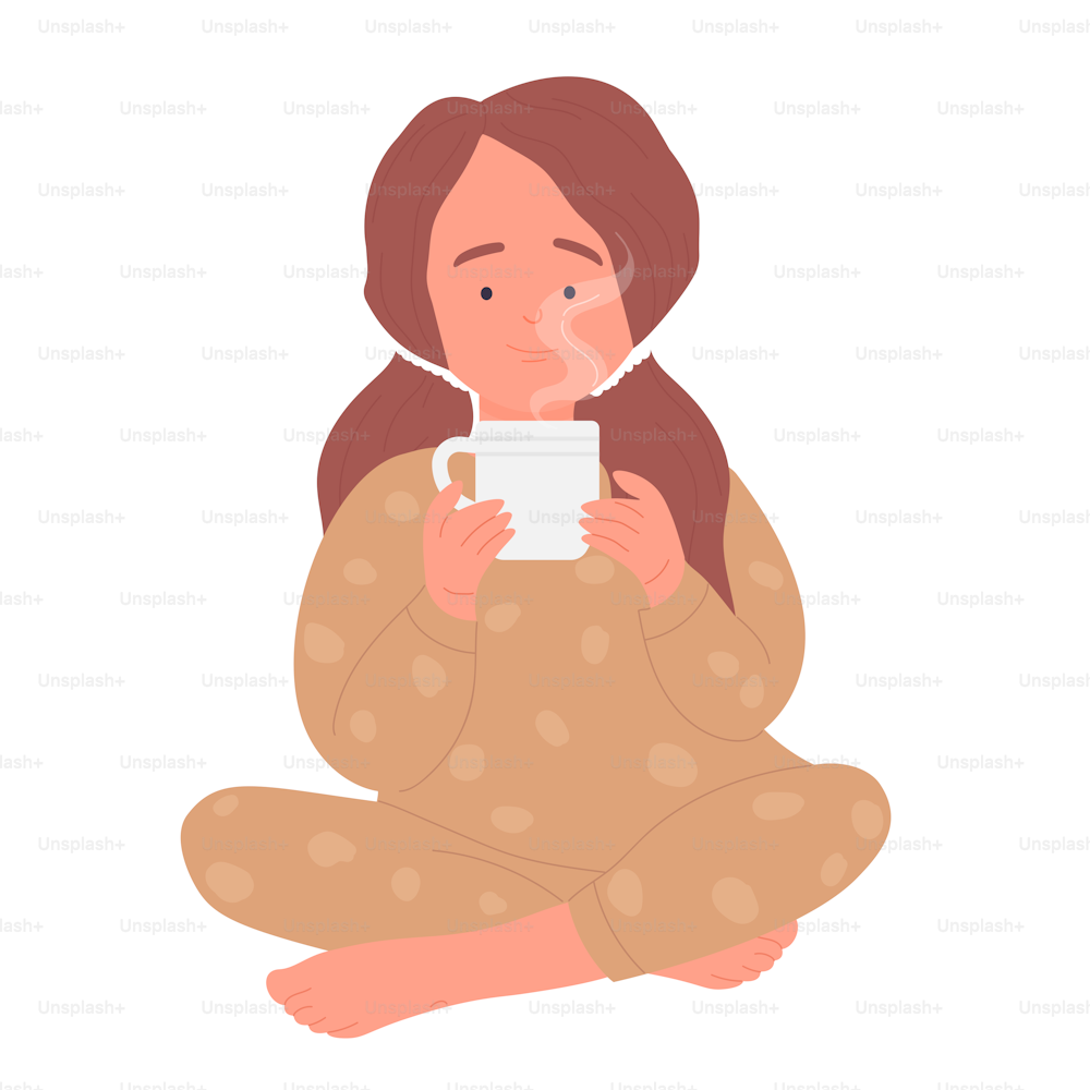 パジャマを着た少女は熱いお茶を飲む。居心地の良い家庭の時間、温かい飲み物のベクターイラスト