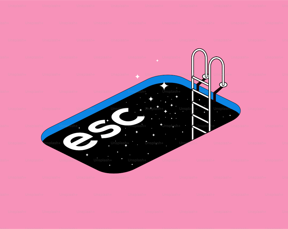 Ilustración de metáfora conceptual de escape con botón de computadora de escape en forma de piscina con escaleras y textura de noche estrellada. Vector eps 10 ilustración