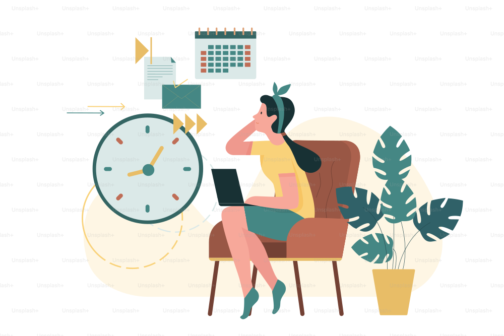 Effective time management and planning life time and home work for woman. Girl sitting with laptop, clock and calendar schedule to plan hours and tasks flat vector illustration. Lifestyle concept