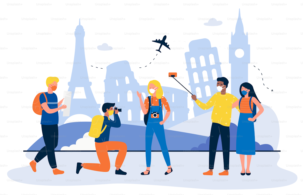 Tourists travel during coronavirus pandemic. Cartoon people protect health with face mask, man and woman visit sightseeing places and make selfie flat vector illustration. Protection, tour concept