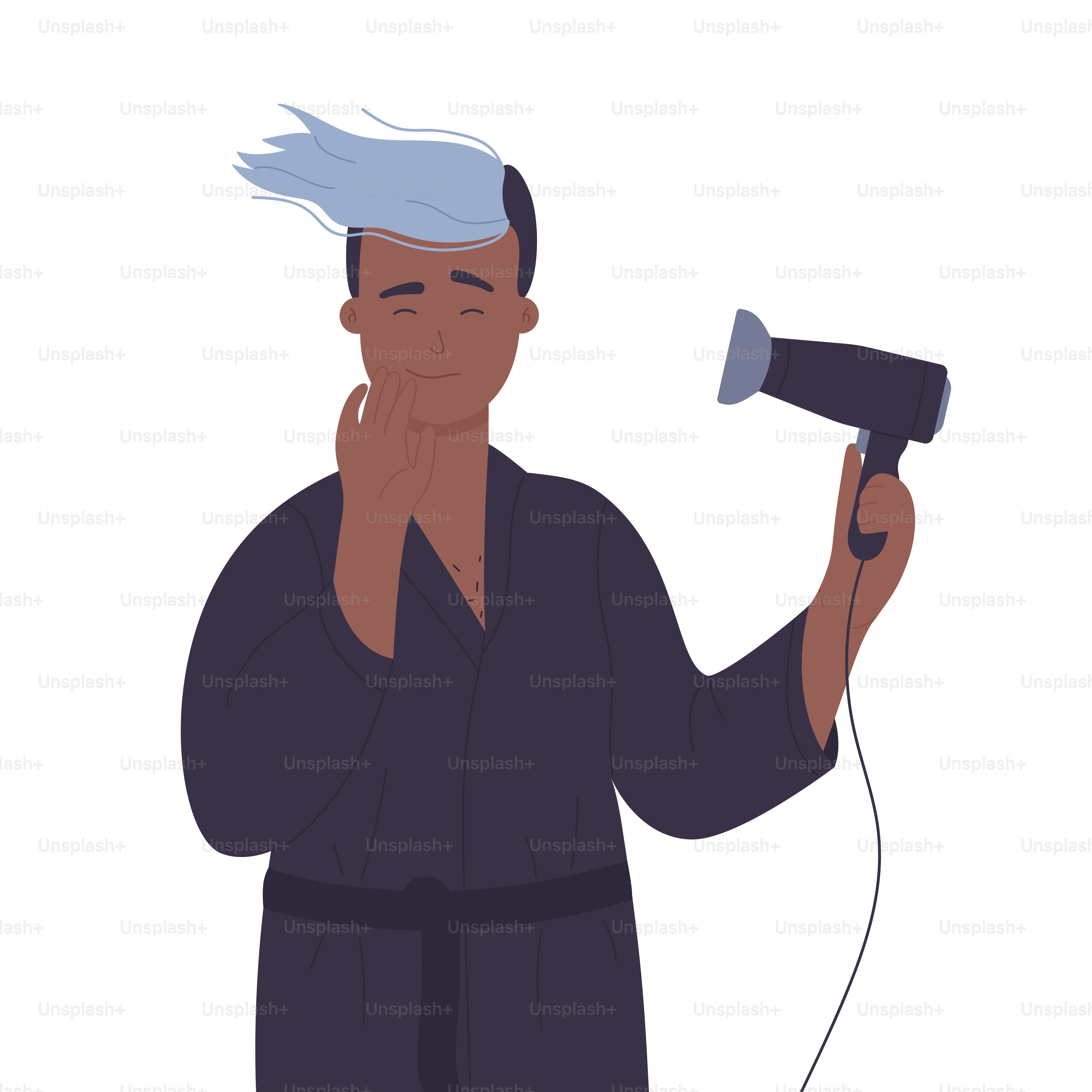 Young boy with hair dryer. Morning care routine, styling procedures vector illustration