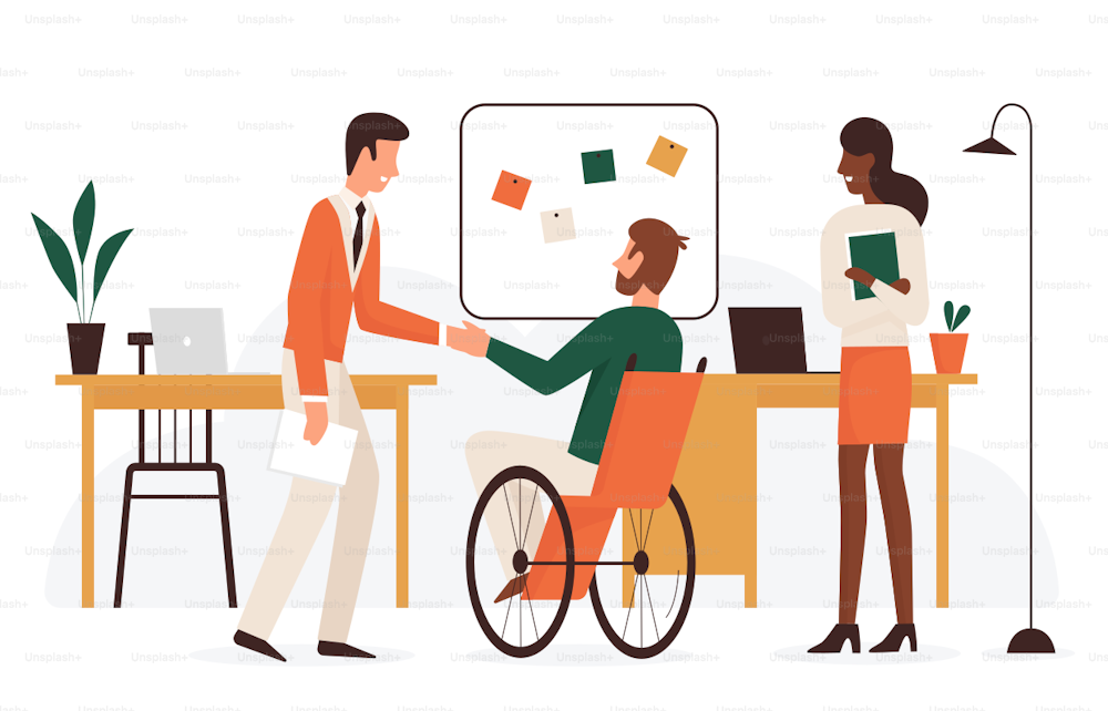 Entrepreneur greeting man with disability on job interview. Cartoon employer shaking hand of hired happy employee sitting in wheelchair flat vector illustration. Employment, vacancy, career concept