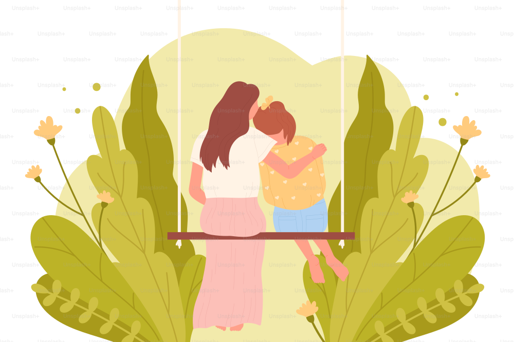 ブランコに座る母と娘、背面図のベクターイラスト。夏の花の中で女の子を抱きしめる漫画の大人の女性、お母さんから子供へのサポートと愛。幸せな家族、母の日のコンセプト