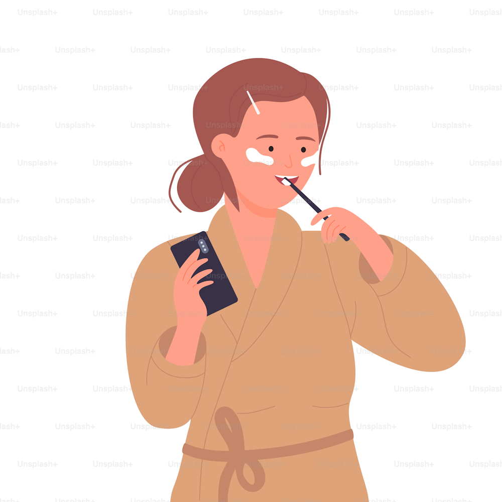 Woman brushing her teeth. Morning daily hygiene routine, care procedures vector illustration