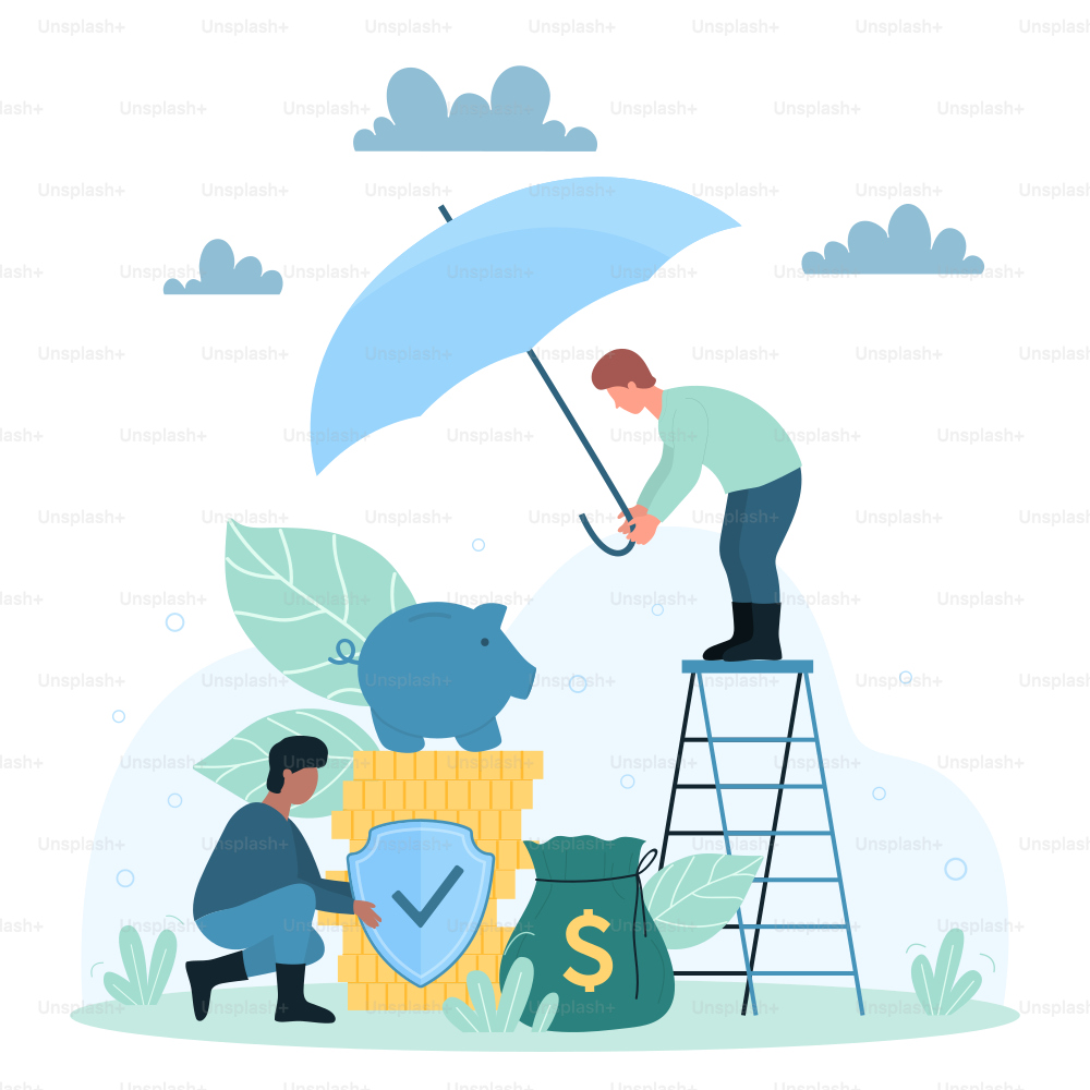 Finance insurance service, security assurance vector illustration. Cartoon tiny agents protect gold coins, money bag and piggy bank with shield and umbrella, save budget and wealth from risks
