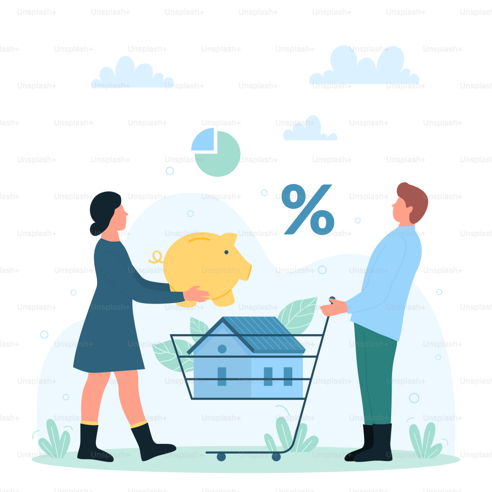 Real estate investment and mortgage vector illustration. Cartoon tiny people holding piggy bank with money and shopping cart with new house purchase, couple invest capital in property and ownership