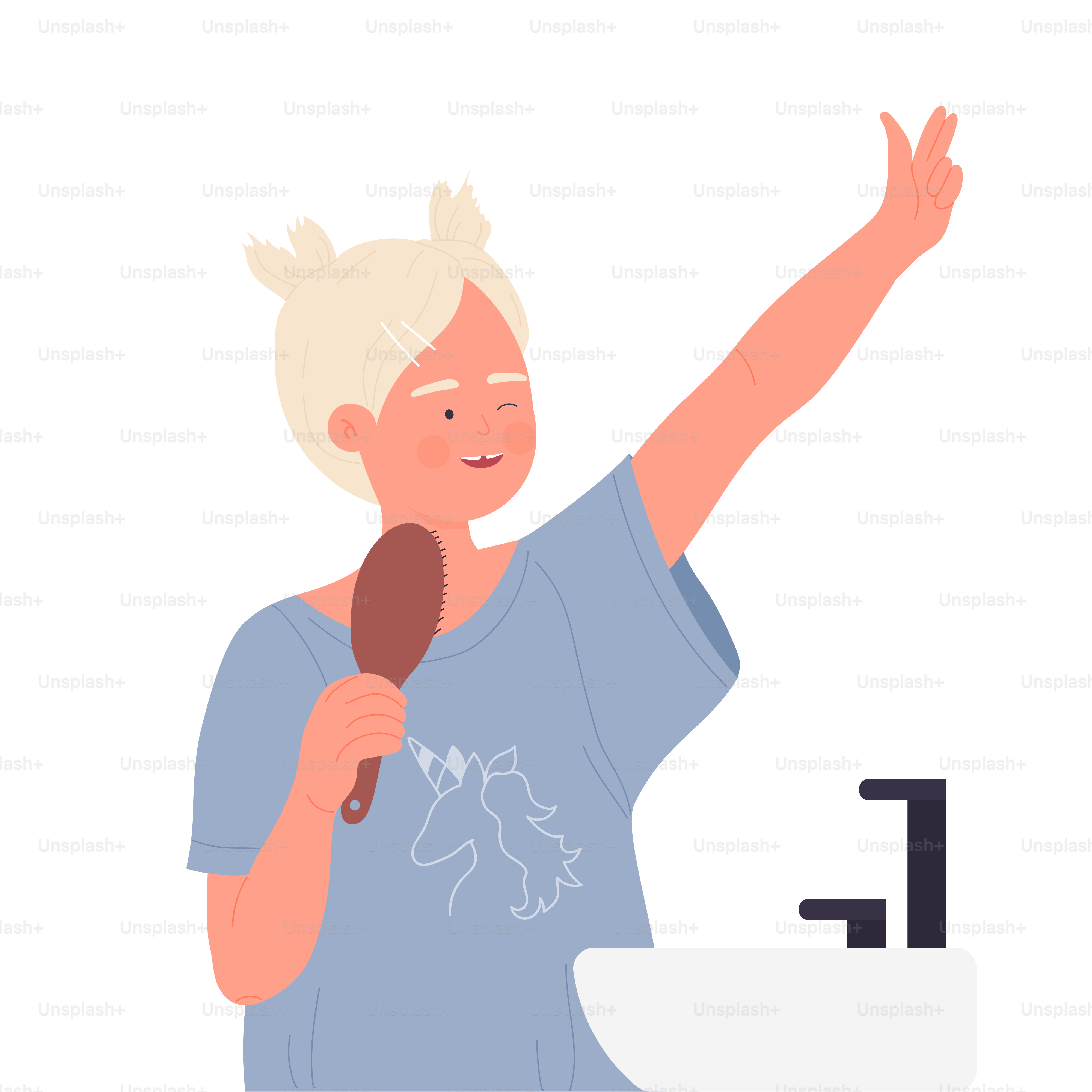 Petite fille chantant avec peigne. Routine de garde du matin, procédures d’hygiène des enfants illustration vectorielle