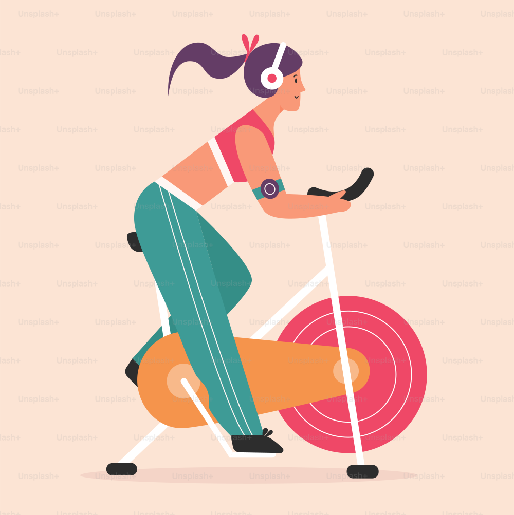 Young woman cycling on stationary bike in gym of sport club or home vector illustration. Cartoon girl training on bicycle, indoor workout of person background. Physical exercises, activity concept