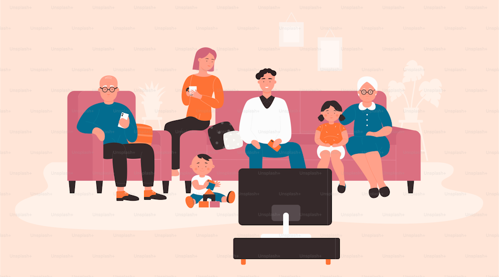 Happy big family watching TV or movie in home living room. Cartoon grandfather and grandmother, mother, father and kids enjoying film together on sofa flat vector illustration. Generation concept