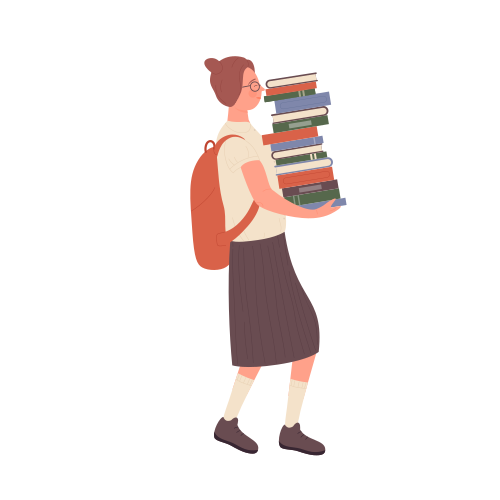 Nerd girl carrying pile of books. Female geek student with study materials vector illustration