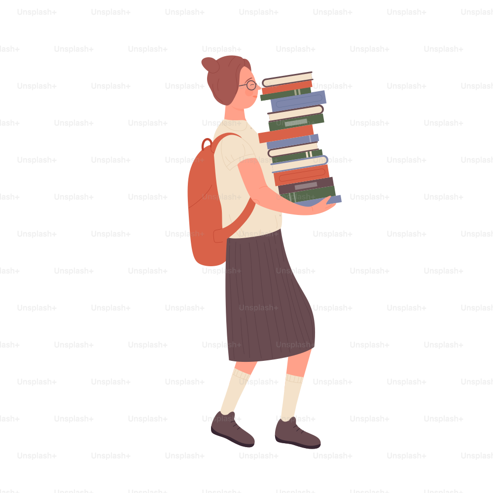 Nerd girl carrying pile of books. Female geek student with study materials vector illustration