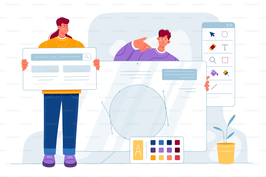 Création de design web, travail d’agence avec une équipe créative d’artistes en illustration vectoriel. Des petits personnages de dessins animés développent une application UI avec des outils d’éditeur visuel, des designers professionnels créent un nouveau projet tendance