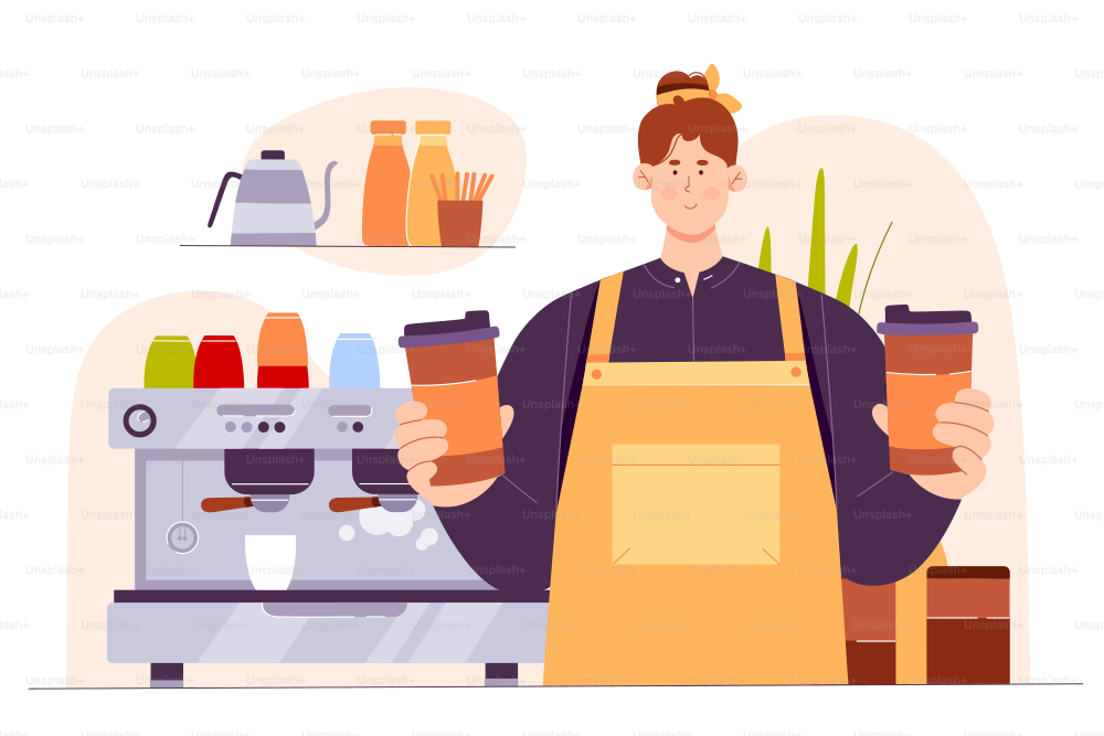 Coffee shop with barista holding takeaway cups vector illustration. Cartoon male bartender in apron with hot drink, professional staff in uniform standing behind bar counter with coffee machine