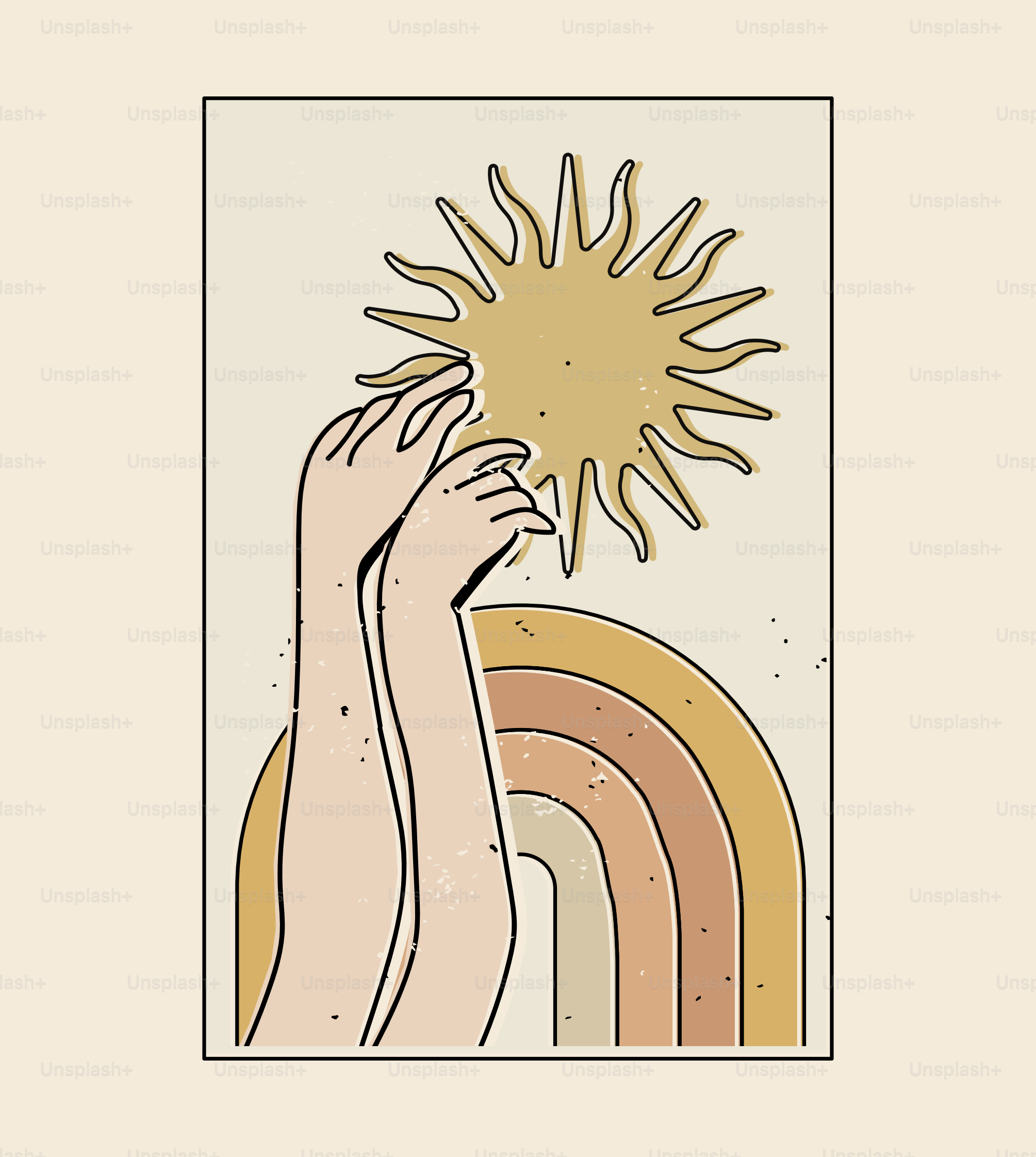 Modelo de design de pôster de verão em estilo retrô boho com mãos estendidas para o sol e o arco-íris ao fundo. Ilustração vetorial